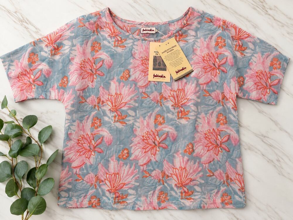 Fabindia Women’s S Cotton Silk Floral Top Blue Pink NWT Made in India Boho
